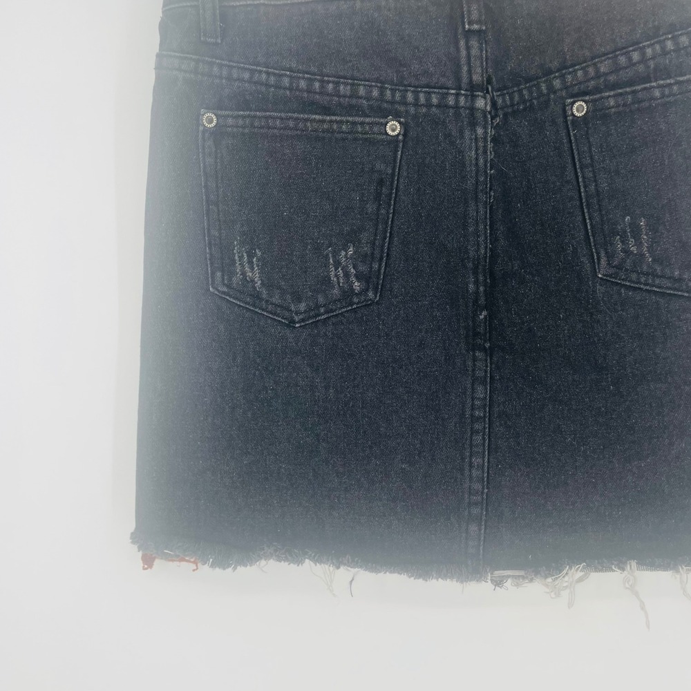 POL Black Distressed Denim Mini Skirt Rust Corduroy Stripe Raw Hem size L NWT - Picture 10 of 12